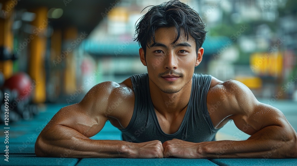Fototapeta premium Muscular Man Resting After Intense Outdoor Workout in the Rain