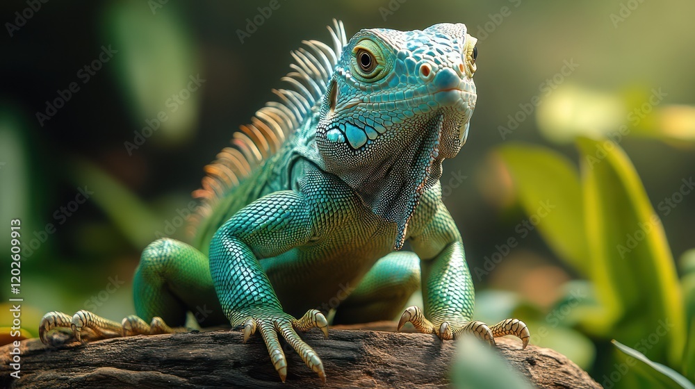 Fototapeta premium Green iguana posing, tropical garden, sunlight, nature documentary
