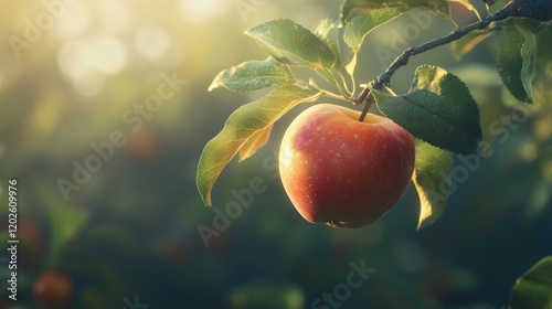 Orchard sunrise Ripe apple on branch, sunlit leaves, blurred background
