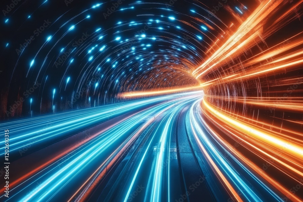 Futuristic abstract space tunnel with blue and orange light streaks illustrating data flow dynamics Futuristic abstract space tunnel with blue and orange light streaks illustrating data flow dynamics