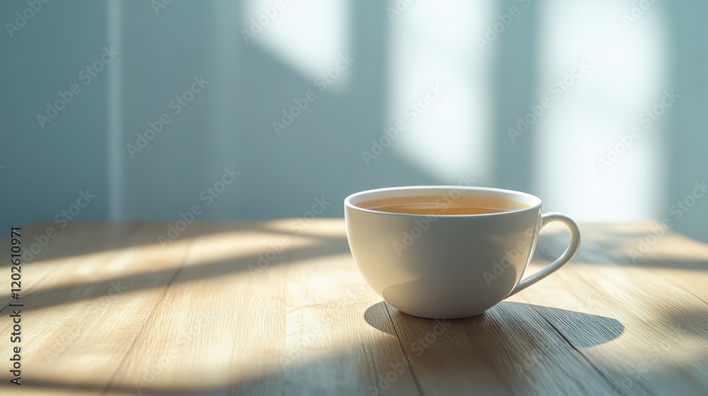 Fototapeta premium Sunlit teacup on wooden table, window background, calm morning
