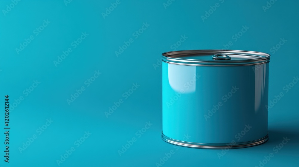 Teal can mockup, studio shot, blue background, packaging design