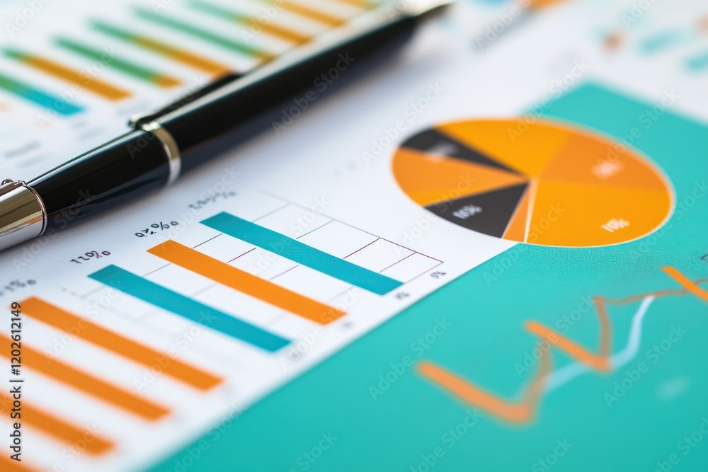 Office desk, financial charts, pen, analysis, background blur, business report Office desk, financial charts, pen, analysis, background blur, business report