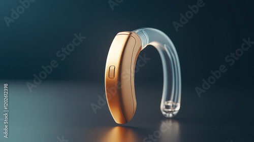 Modern hearing aid, gold, dark background, studio shot, audiology photo