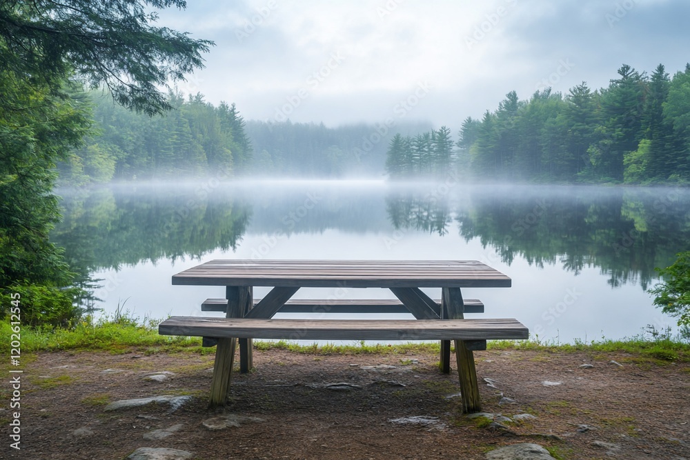 Misty morning lake view with picnic table.