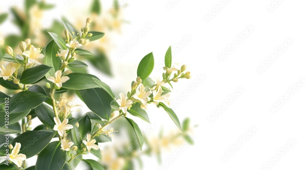 Blooming pale yellow flowers, green leaves, white background, spring, website banner Blooming pale yellow flowers, green leaves, white background, spring, website banner