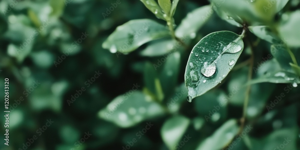 A CloseUp Image Featuring Beautiful Green Leaves Adorned with Dew Drops and Moisture A CloseUp Image Featuring Beautiful Green Leaves Adorned with Dew Drops and Moisture