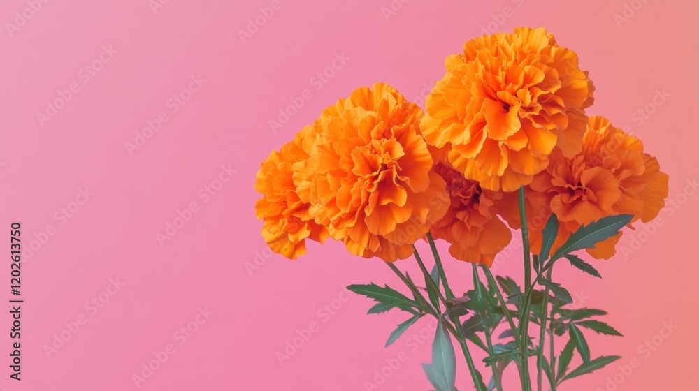 Obraz premium Orange marigolds pink background floral arrangement design