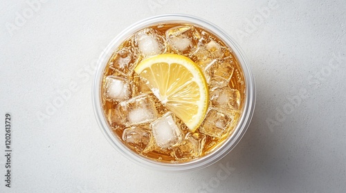 Iced tea with lemon and ice in a plastic cup on a white background.