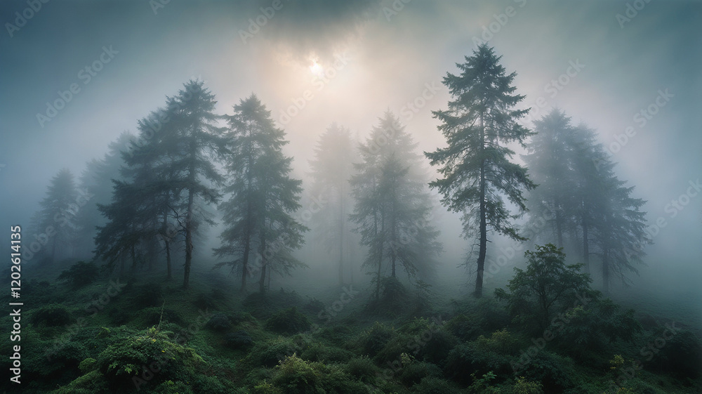 Tall Pine Trees in a Misty Forest