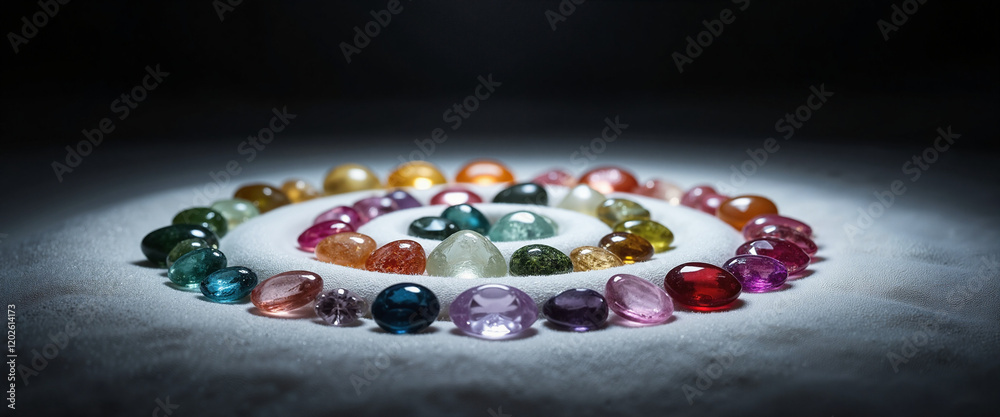 Colorful gemstones arranged in a spiral pattern on soft white surface, illuminated by a focused light source, creating a tranquil and meditative atmosphere Colorful gemstones arranged in a spiral pattern on soft white surface, illuminated by a focused light source, creating a tranquil and meditative atmosphere