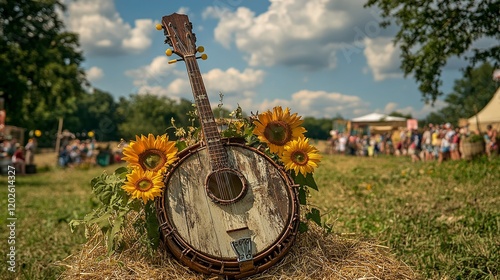 Rustic Banjo in Sunflower Field at Summer Music Festival