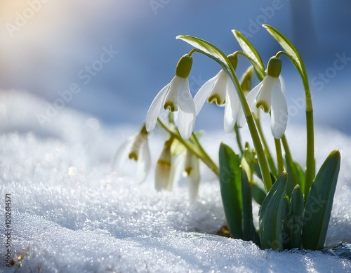 Wallpaper Mural Snowdrop flowers in the snow, selective focus, blur, sunlight. Torontodigital.ca