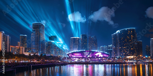 City Skyline Decorated for the Super Bowl Celebration