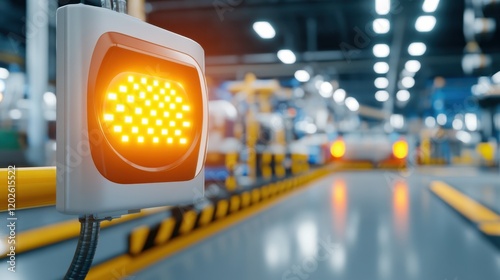 A bright orange indicator light is illuminated in a modern industrial setting, signaling activity amidst machinery and equipment in a factory.