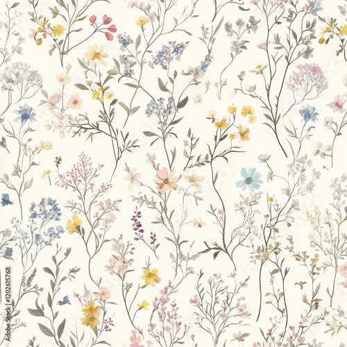 Delicate seamless floral pattern featuring colorful wildflowers and elegant organic branches
