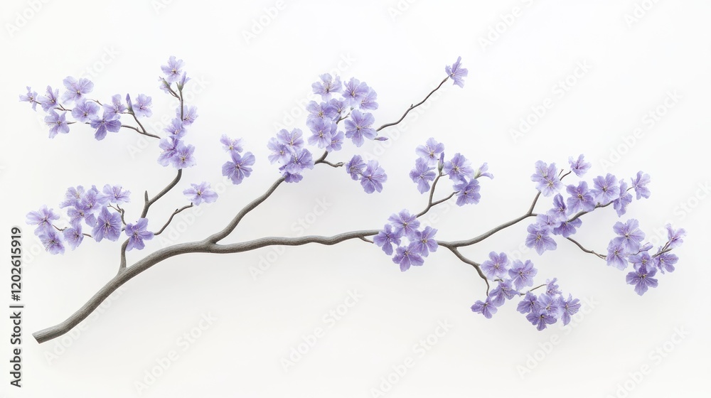 Lavender blossom branch, minimalist design, white background, spring floral decor Lavender blossom branch, minimalist design, white background, spring floral decor