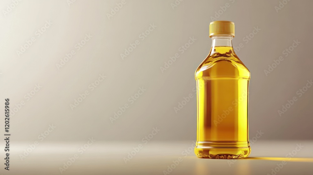 Fototapeta premium Transparent bottle, cooking oil, studio shot, beige background, product display