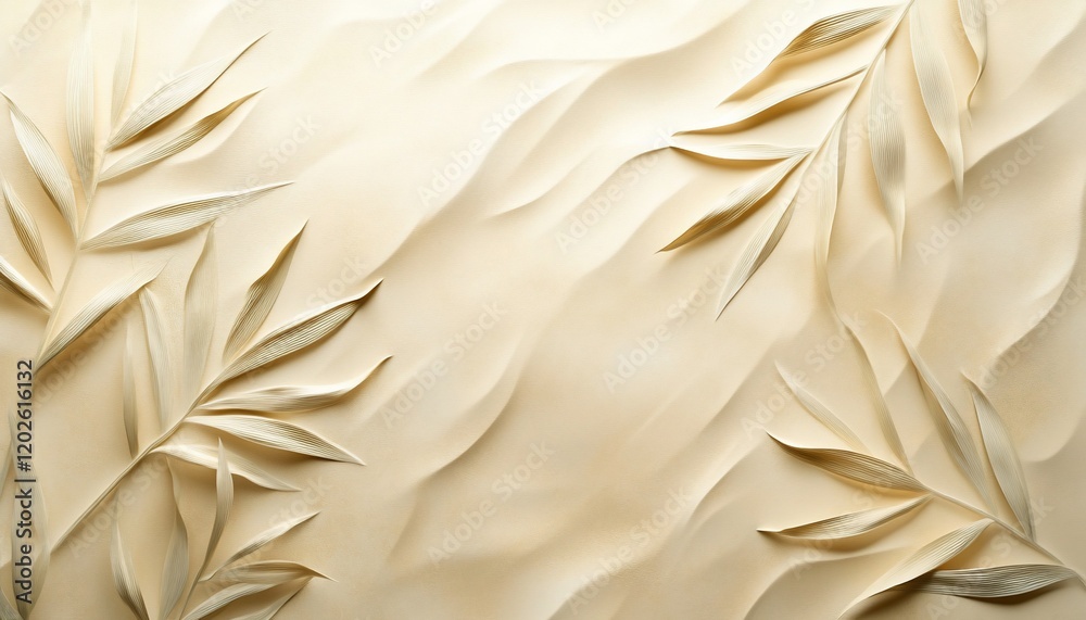 Beige textured background with embossed leaves. Beige textured background with embossed leaves.