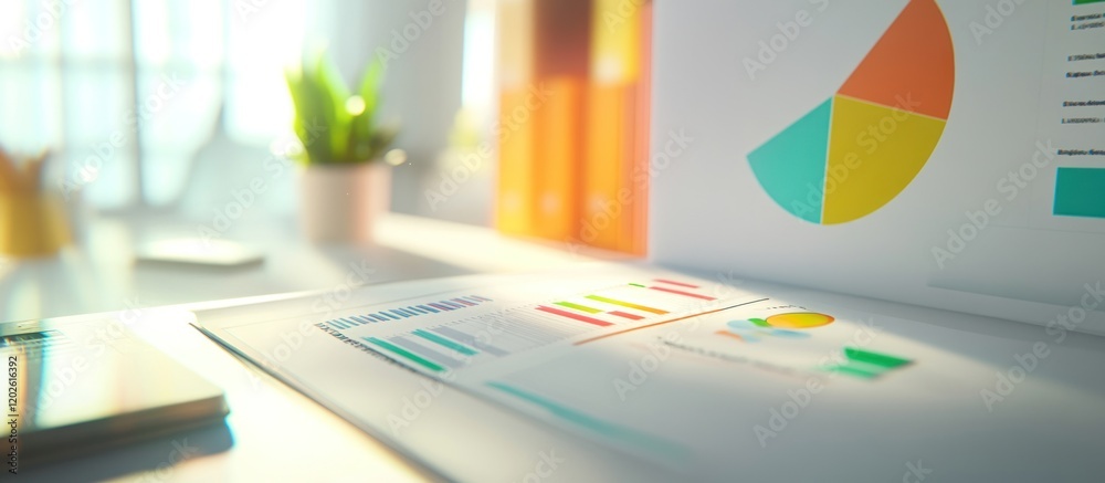 Fototapeta premium Sunlit office desk, charts, data analysis, plant, window