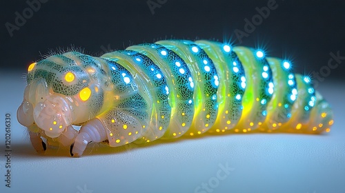   A macroscopic image of a caterpillar adorned with multiple glowing luminaries against a dark background photo