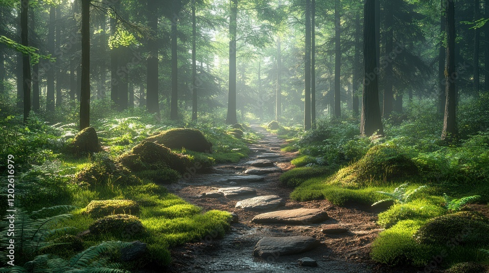 Obraz premium Misty Forest Path Sunrise, Nature Walk, Stone Steps