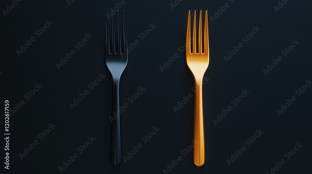 Black gold forks contrast dark background, menu design Black gold forks contrast dark background, menu design