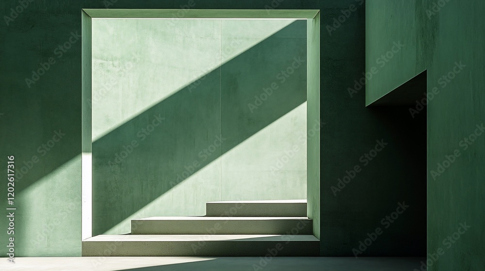 Fototapeta premium Sunlit green concrete interior with stairs.