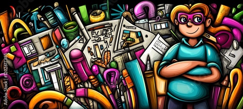 Colorful illustration of a person surrounded by stationery and design elements.