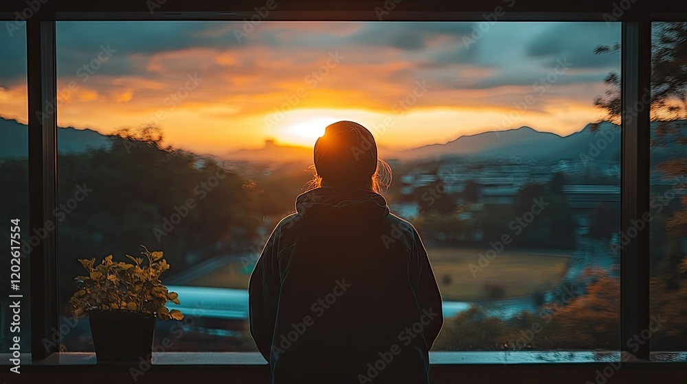 A person gazes at a vibrant sunset through a large window, surrounded by nature and tranquility. A person gazes at a vibrant sunset through a large window, surrounded by nature and tranquility.