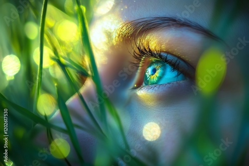 Woman s Eye, Close Up, Looking Through Green Grass, Nature Beauty, Summer, Sunshine, Portrait. photo