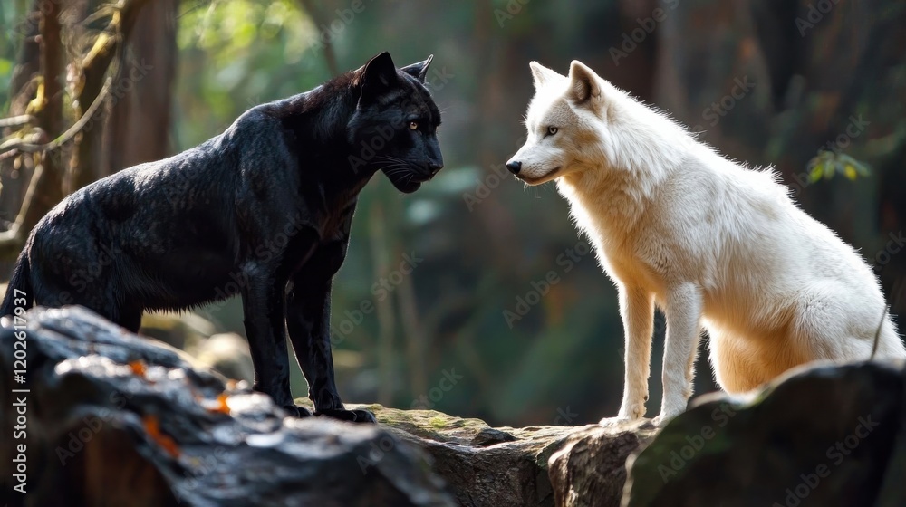 Fototapeta premium A striking depiction of a black panther and a white wolf facing each other in a mysterious forest, presenting the beauty of contrasting colors in nature.
