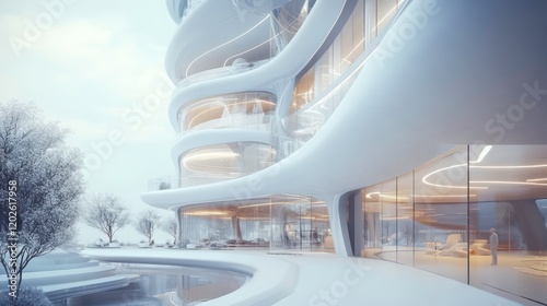 Futuristic white building with curved architecture, glass windows, and a pool, surrounded by snow-covered trees.