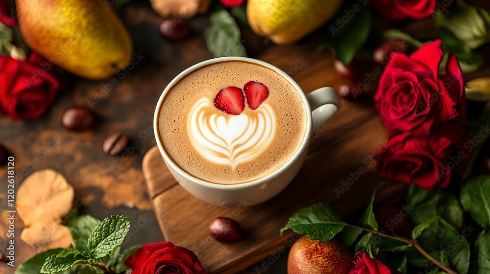 Romantic Latte Art with Roses and Pears Romantic Latte Art with Roses and Pears