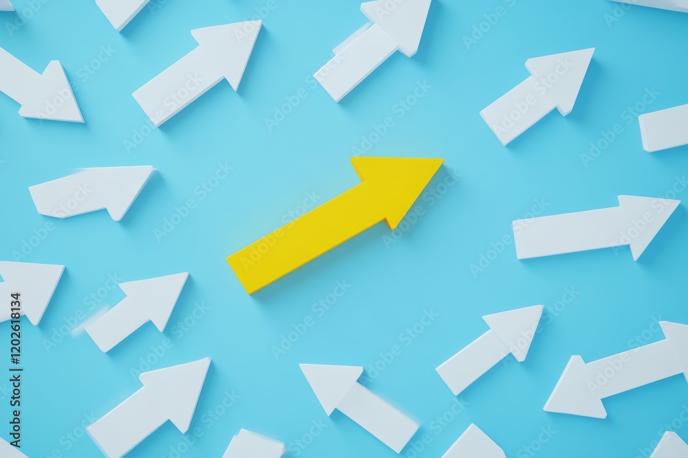 Yellow arrow leading among white arrows on blue background symbolizing direction and leadership Yellow arrow leading among white arrows on blue background symbolizing direction and leadership