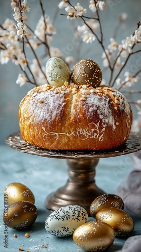 Easter bread with decorated eggs, springtime scene photo