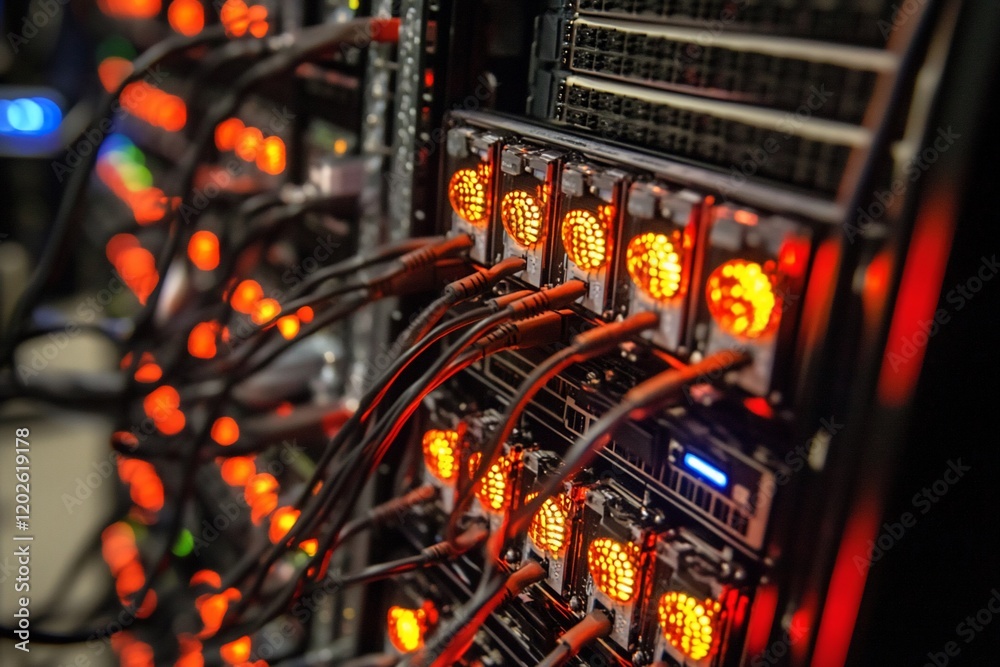 Close-up of server rack with glowing hard drives and cables.