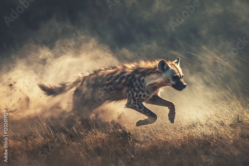 Hyena running through dusty savanna grassland at sunset.