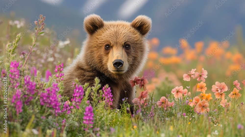 Adorable brown bear cub amidst vibrant wildflowers in a mountain meadow. Adorable brown bear cub amidst vibrant wildflowers in a mountain meadow.
