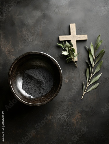 Ash Wednesday symbols with ashes, cross, and olive branches