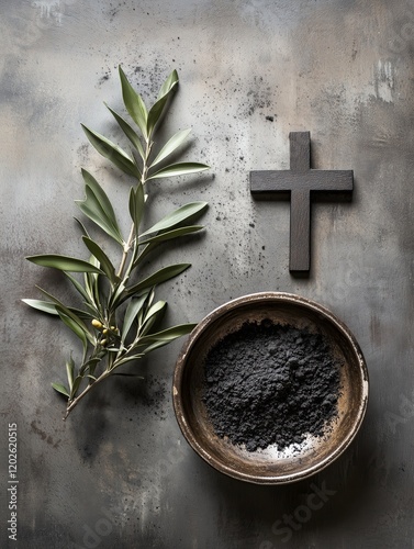 Ash Wednesday symbols with ashes, olive branch, and cross