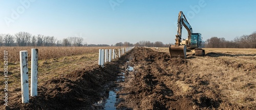 Excavator digs ditch in rural field