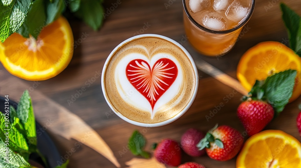 Heart-Shaped Latte Art with Fresh Fruit and Iced Tea Heart-Shaped Latte Art with Fresh Fruit and Iced Tea