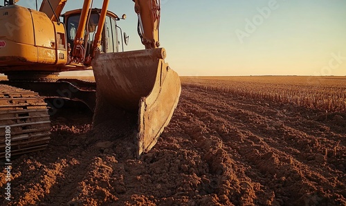 Excavator working field at sunset. Possible use agriculture, construction, machinery, land, sunset
