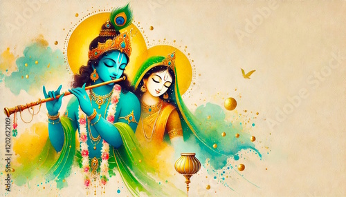 Hindu god Krishna with Radha in golden dots watercolor painting style. open space on cream colored paper with a diffused, background with copy space