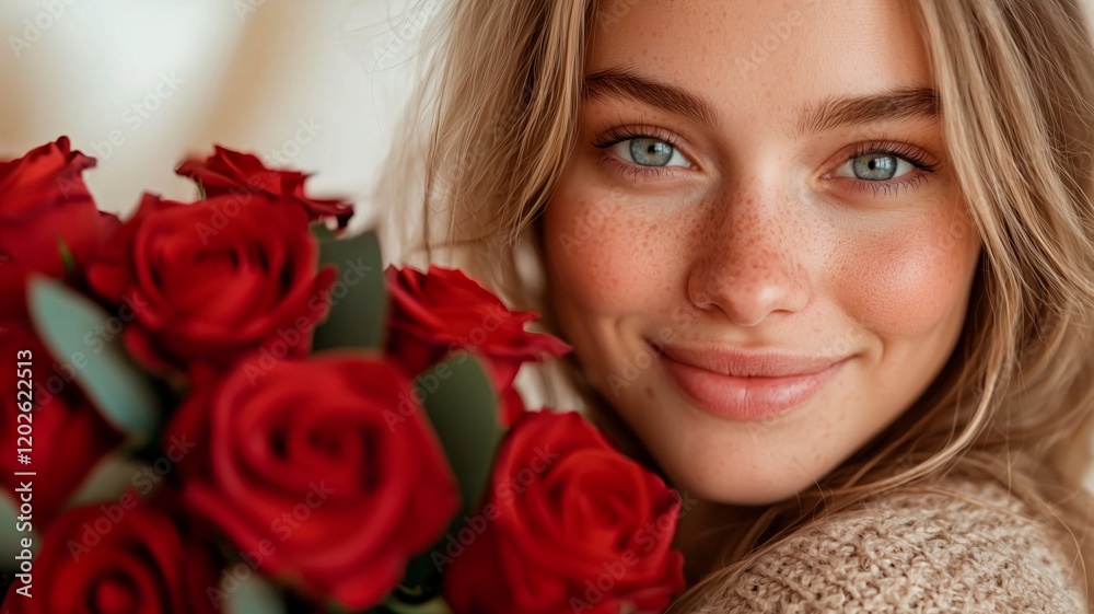 A young woman smiling and holding a bouquet of red roses, celebrating love and happiness with a soft, warm expression. A young woman smiling and holding a bouquet of red roses, celebrating love and happiness with a soft, warm expression.