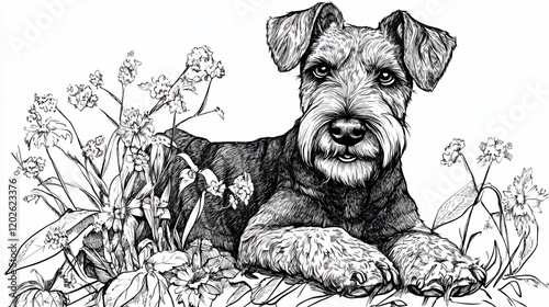 Wallpaper Mural Black and white ink drawing of a Wirehaired Fox Terrier lying in a field of flowers. Torontodigital.ca