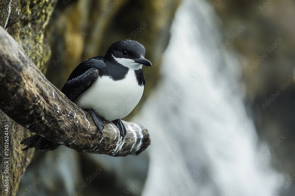 Black and white bird perched on a branch near a waterfall. Black and white bird perched on a branch near a waterfall.
