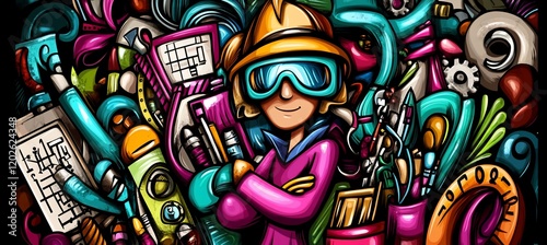 Colorful doodle illustration of a winter sports enthusiast surrounded by equipment and tools.