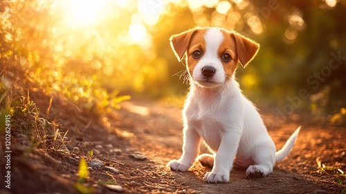 Cute Puppy Sitting on a Rustic Path with Warm Sunlight in the Background photo